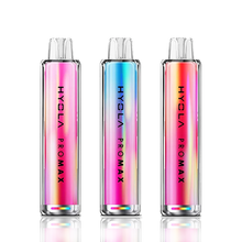 Three HYOLA PRO MAX vape devices with a colorful gradient on a white background