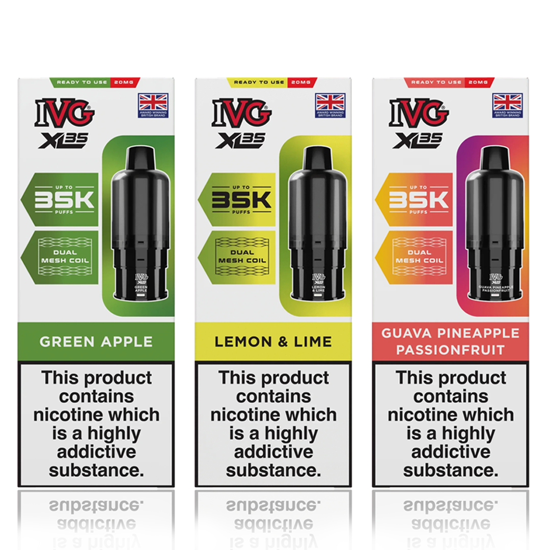 Three boxes of IVG XL 35K Prefilled Replacement Pods with different flavors and nicotine warnings.