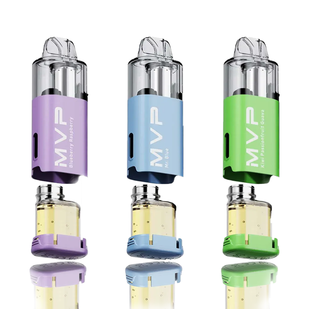 Three Innokin MVP 20K Puffs Prefilled Replacement Pods in purple, blue, and green with visible liquid levels.