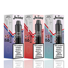Three 'Juesday 15000' vape replacement Pods packaging with nicotine warning labels on a white background.