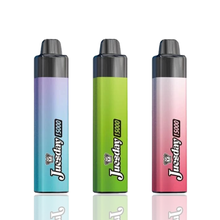 Three colorful vape devices with 'Juesday 15000 puff vape kit' branding on a white background