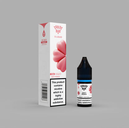 Solo Bar e-liquid JuicyPeach packaging on a gray background