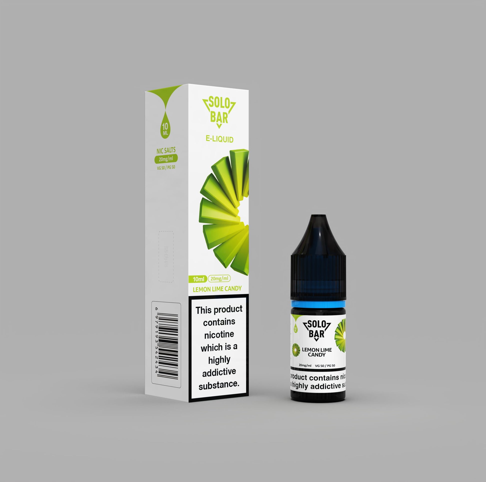 E-liquid bottle and packaging with 'Solo Bar' LemonLimeCandy branding on a gray background