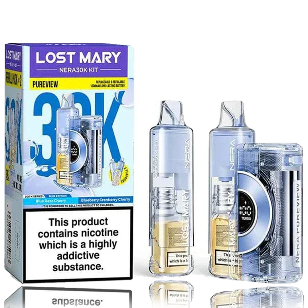 Lost Mary Nera 30k Puffs Pureview Prefilled Pod Kit device and packaging on a white background