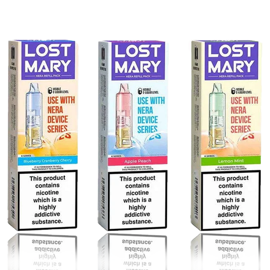 Three Lost Mary Nera 15k Puffs Pureview Prefilled Replacement Pods with different flavors on a white background.