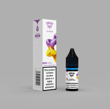 Solo Bar MangoPassionFruit e-liquid bottle and packaging on a gray background