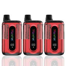 Three red Maxfel Twinkle Ultra vape devices with digital displays on a white background