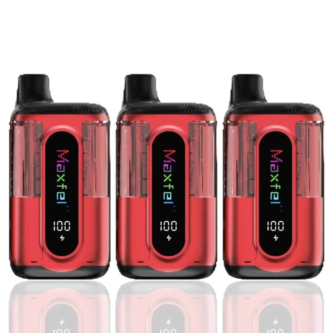 Three red Maxfel Twinkle Ultra vape devices with digital displays on a white background