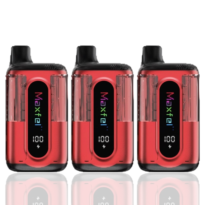 Three red Maxfel Twinkle Ultra vape devices with digital displays on a white background