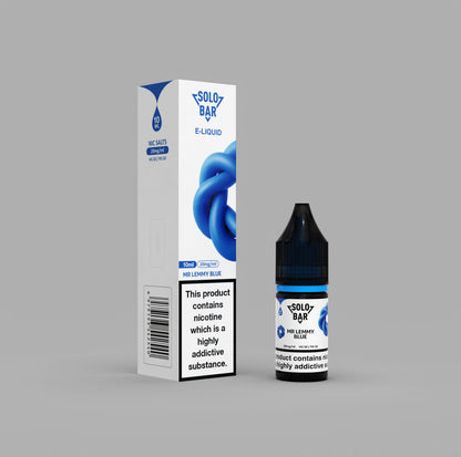 Solo Bar MrLemmyBlue E-Liquid bottle and packaging on a gray background