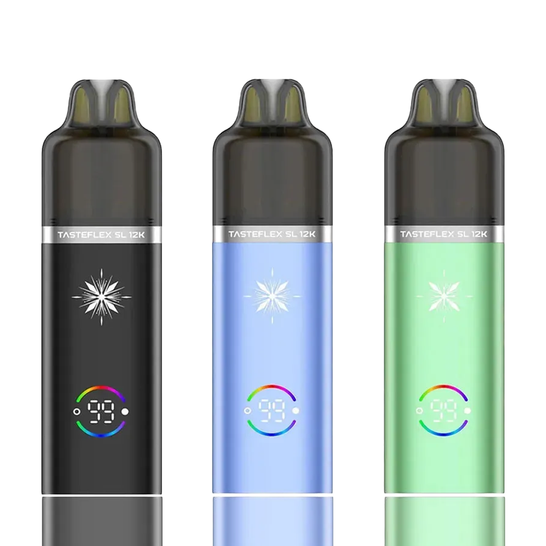 Three Oxva Tasteflex SL 12K Puffs Prefilled Pod Kit devices with digital displays on a white background