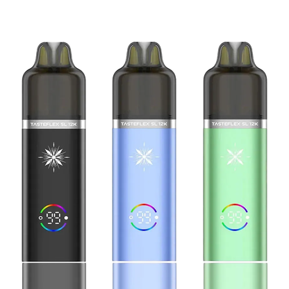 Three Oxva Tasteflex SL 12K Puffs Prefilled Pod Kit devices with digital displays on a white background
