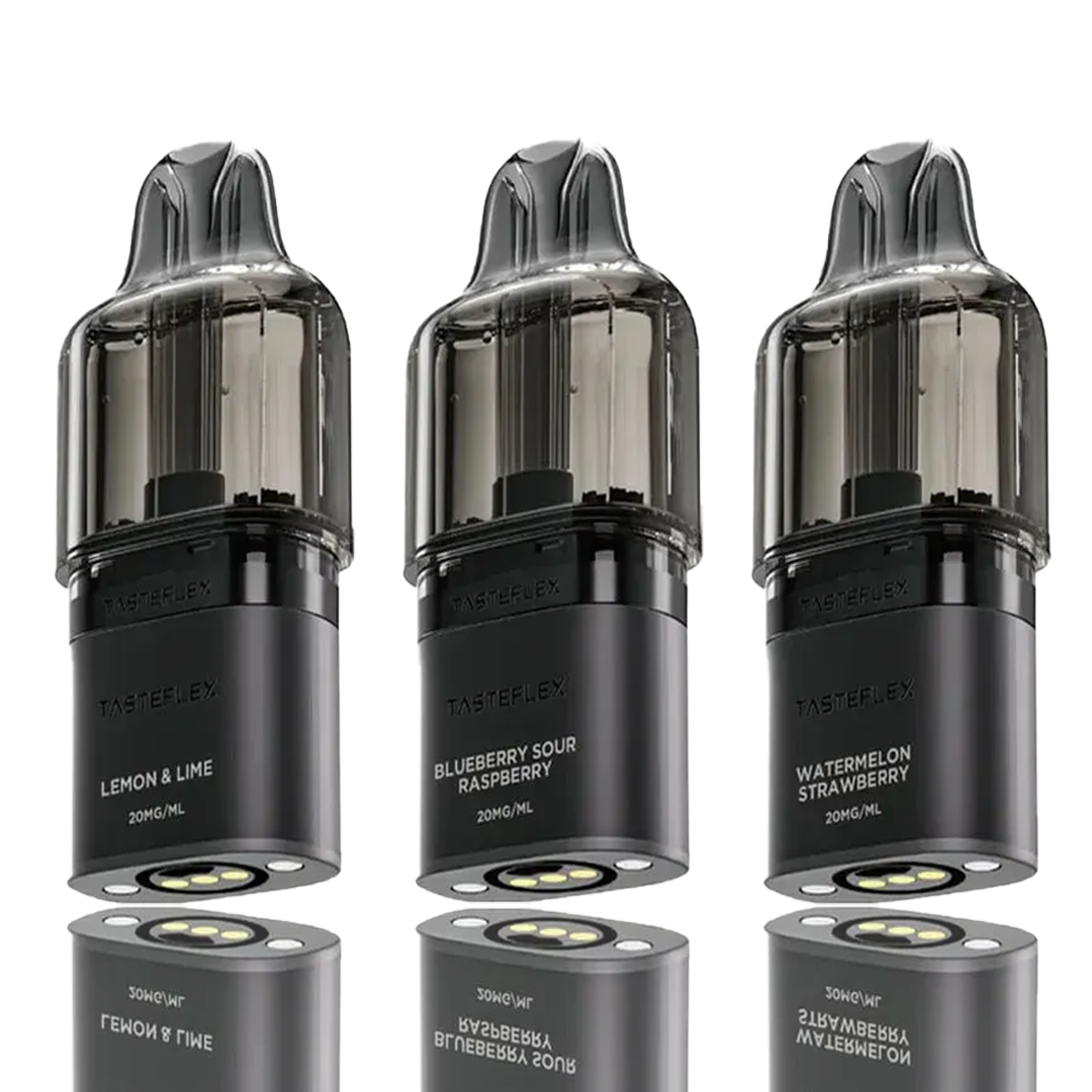 Three Oxva Tasteflex SL 12K Puffs Prefilled Replacement Pods cartridges with different flavors on a white background