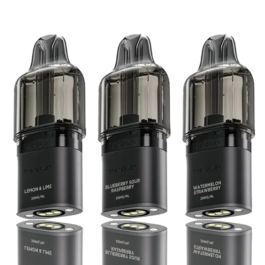 Three Oxva Tasteflex SL 12K Puffs Prefilled Replacement Pods cartridges with different flavors on a white background