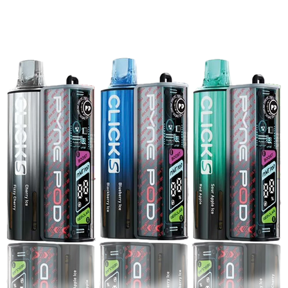 Three Pyne Pod Click S 30k Puffs Prefilled Pod Vape Kit with different flavors on a white background