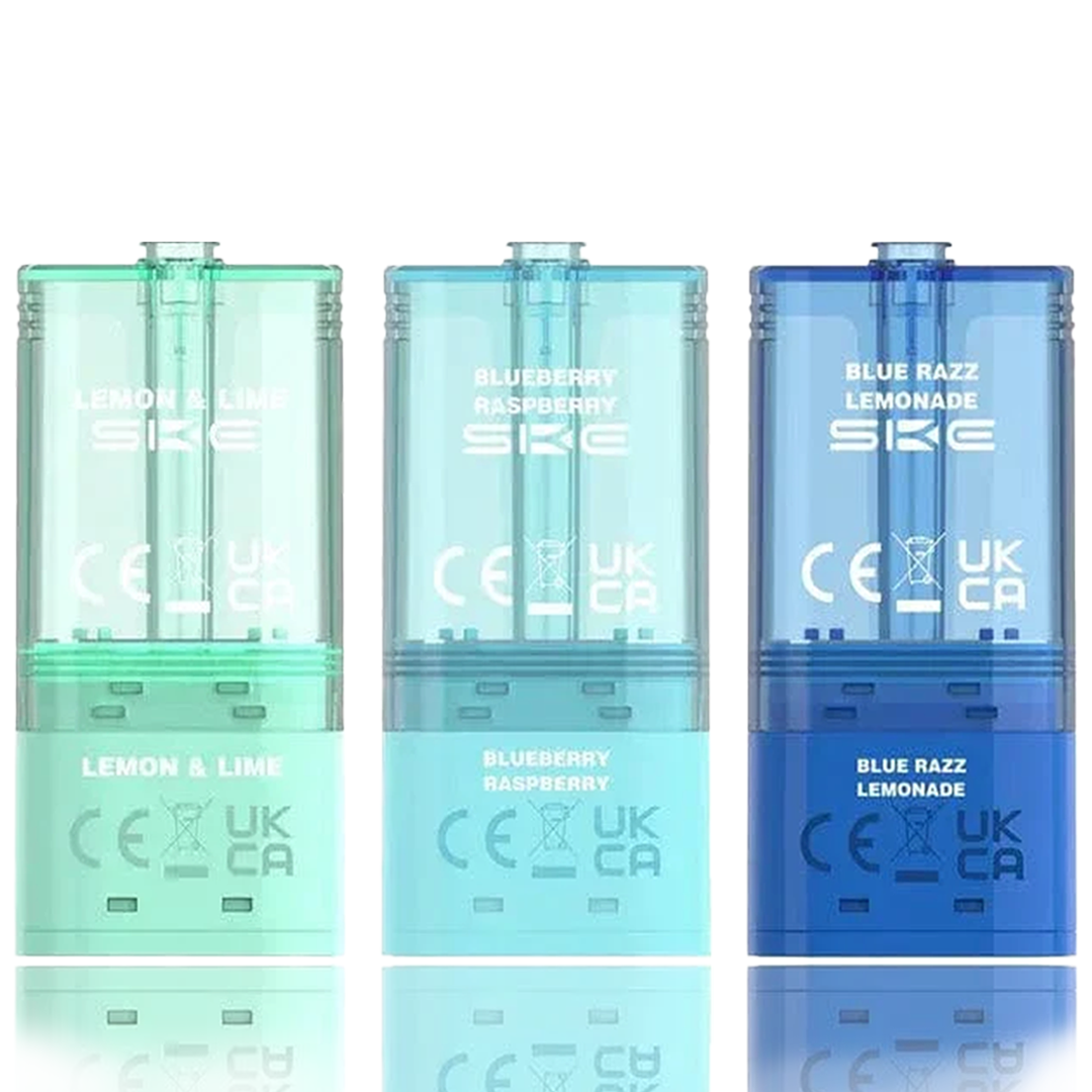 Three SKE Pro Max 30k Puffs Prefilled Replacement Pods in different flavors on a white background