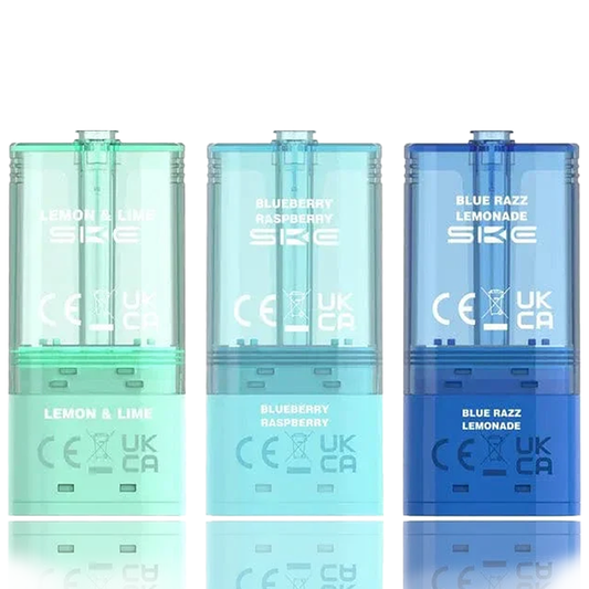 Three SKE Pro Max 30k Puffs Prefilled Replacement Pods in different flavors on a white background