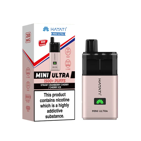 Hayati Mini Ultra 1500 Puffs  Strawberry Cranberry Cherry & Cherry Ice Flavour