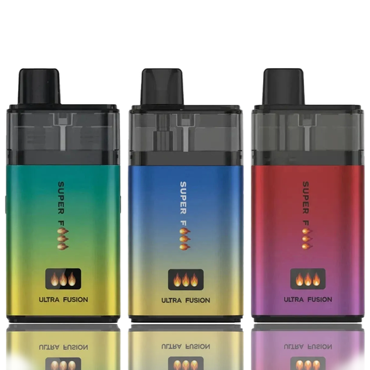 Three Superfire Ultra Fusion 60k Puffs Prefilled Pod Kit in gradient colors on a white background