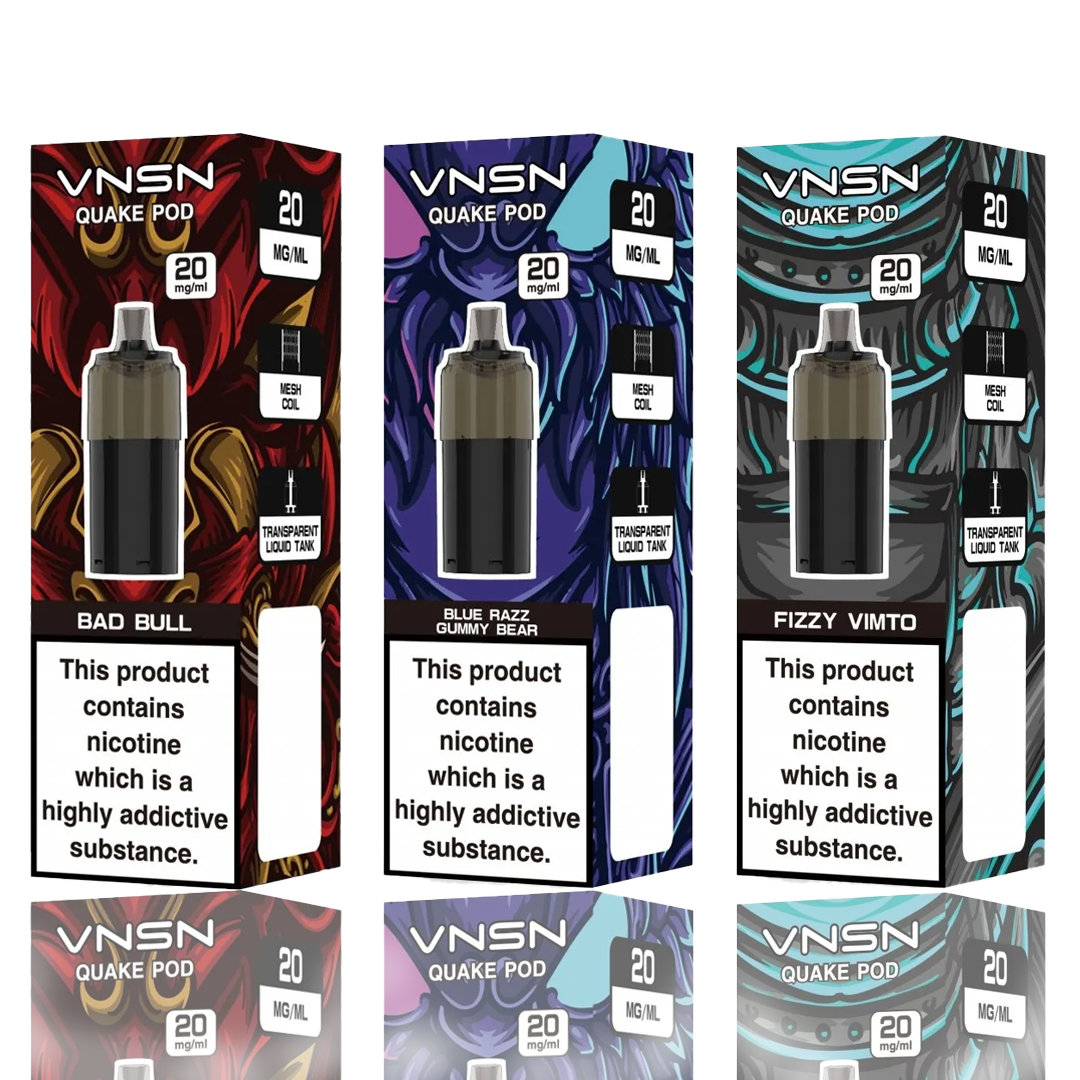 Three VNSN Quake 10000 Puffs Refill Pods Packaging on White background
