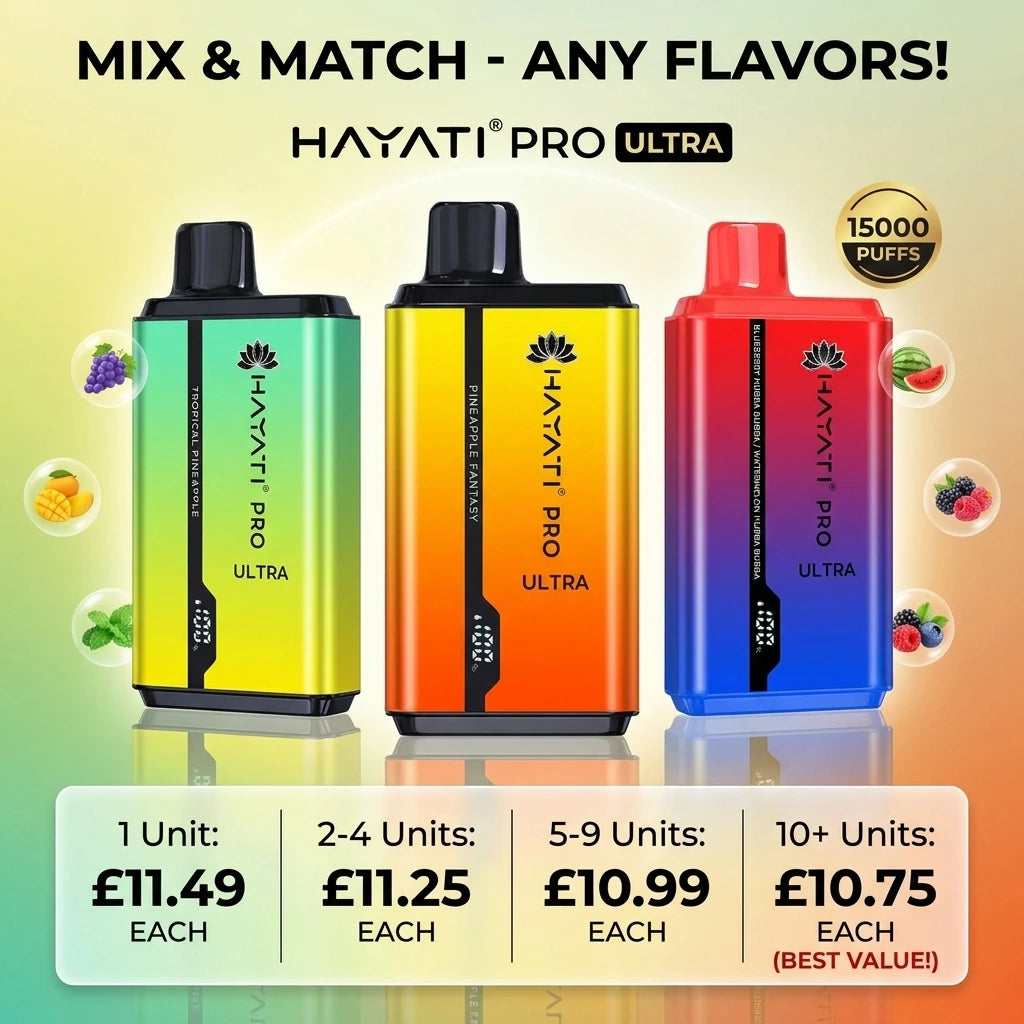 Hayati Pro Ultra 15000 puffs disposable vape multibuy offer banner showing mix and match any flavors with tiered pricing: 1 unit for £11.49, 2-4 units for £11.25, 5-9 units for £10.99, and 10+ units for £10.75 each.