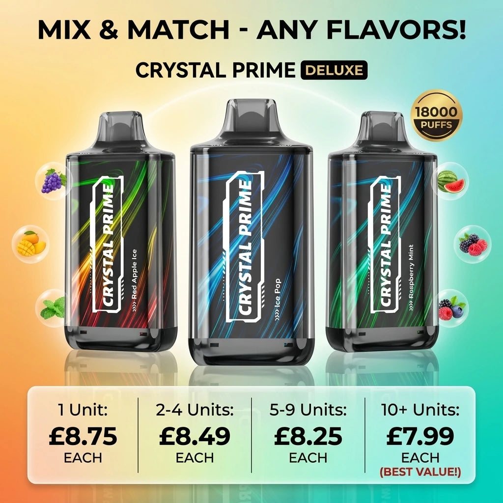 Crystal Prime Deluxe 18000 puffs vape multibuy discount deal featuring any flavor mix and match. Pricing details: single unit at £8.75, 2-4 units at £8.49, 5-9 units at £8.25, and best value 10+ units at £7.99 each.