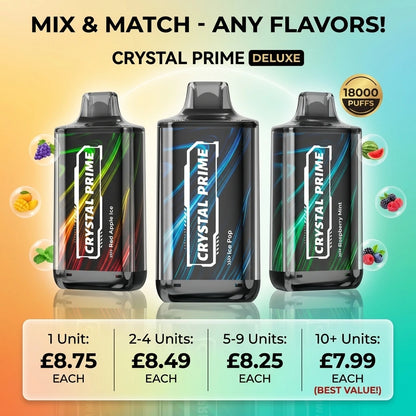Crystal Prime Deluxe 18000 puffs vape multibuy discount deal featuring any flavor mix and match. Pricing details: single unit at £8.75, 2-4 units at £8.49, 5-9 units at £8.25, and best value 10+ units at £7.99 each.