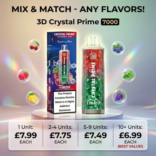 3D Crystal Prime 7000 puffs disposable vape wholesale multibuy pricing banner. Offers mix and match flavors with a price breakdown: 1 unit for £7.99, 2-4 units for £7.75, 5-9 units for £7.49, and 10+ units for £6.99 each.