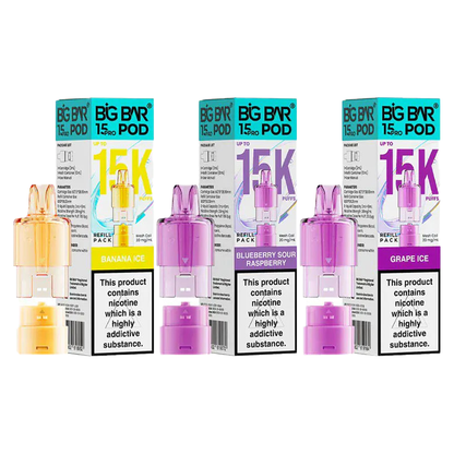 Three big bar pro 15k pods with packaging on a white background