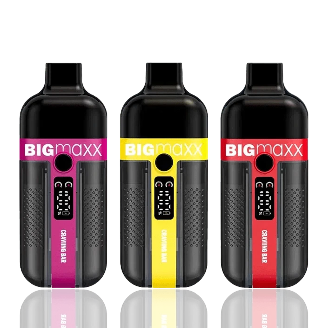 Three Bigmaxx 22k vape devices with different colored bands on a white background