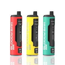 Three colorful 'Bloody Bar 60k' vape devices on a white background