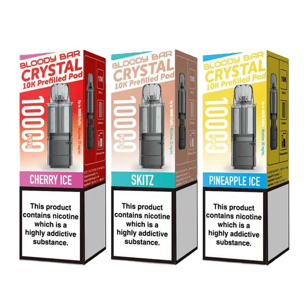 Three boxes of Bloody Bar Crystal 10K prefilled pods in Cherry Ice, Skitz, and Pineapple Ice flavors on a white background.