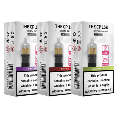 Three boxes of 'The CP 15K' vape cartridges with nicotine warning labels on a white background.
