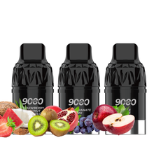 Three crwn 9k replacement pods with fruit-themed packaging on a white background