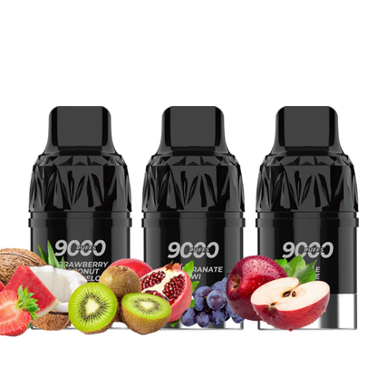 Three crwn 9k replacement pods with fruit-themed packaging on a white background
