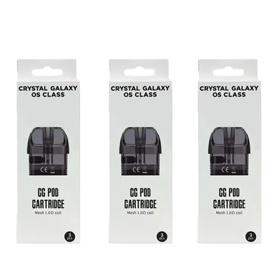 Three packages of Crystal Galaxy OS Class GG Pod Cartridge on a white background