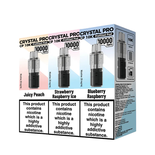 Crystal Pro CP 10K Refill Pods now available at vape ease uk and the image is showing 3 box of refill pods.