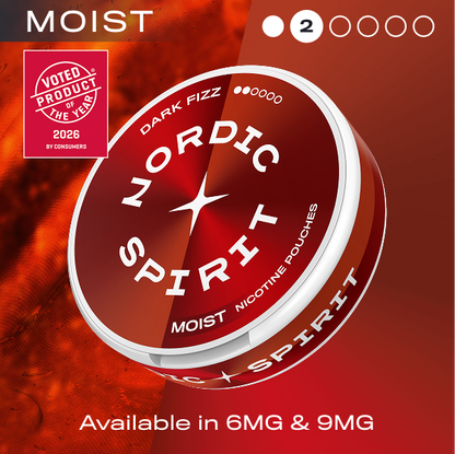 Nordic Spirit nicotine pouches with a red background and product details.