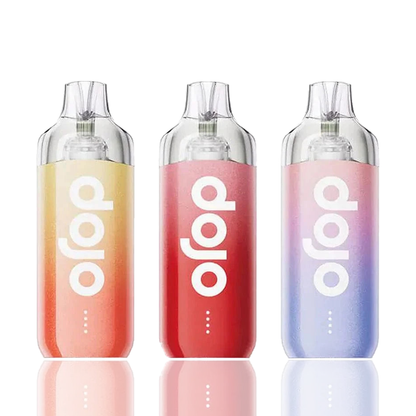 Three gradient-colored 'dojo blast 10k' branded vape devices on a white background