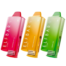 Three ELF BAR AF5500 vape devices in pink, yellow, and green on a white background