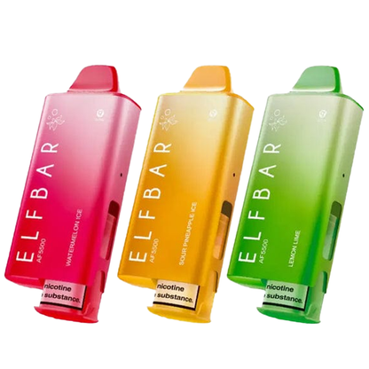 Three ELF BAR AF5500 vape devices in pink, yellow, and green on a white background