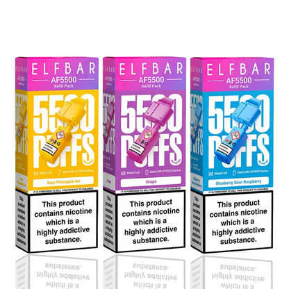 Three ELF BAR 5500 Puffs vape refill packs with different flavors on a white background.