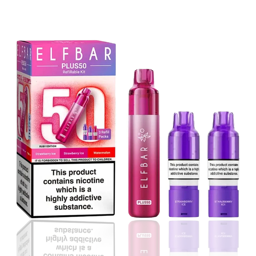 Elf Bar Plus50 vaping device and packaging on a white background