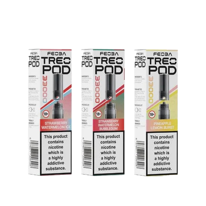 Three boxes of Feoba Treo Pod vape devices with different flavors on a white background