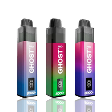 Three gradient-colored 'Ghost pro 8000+' vape devices on a white background