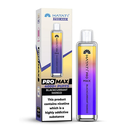 Hayati Pro Max 4000 vape device in blackcurrant mango and packaging on a white background