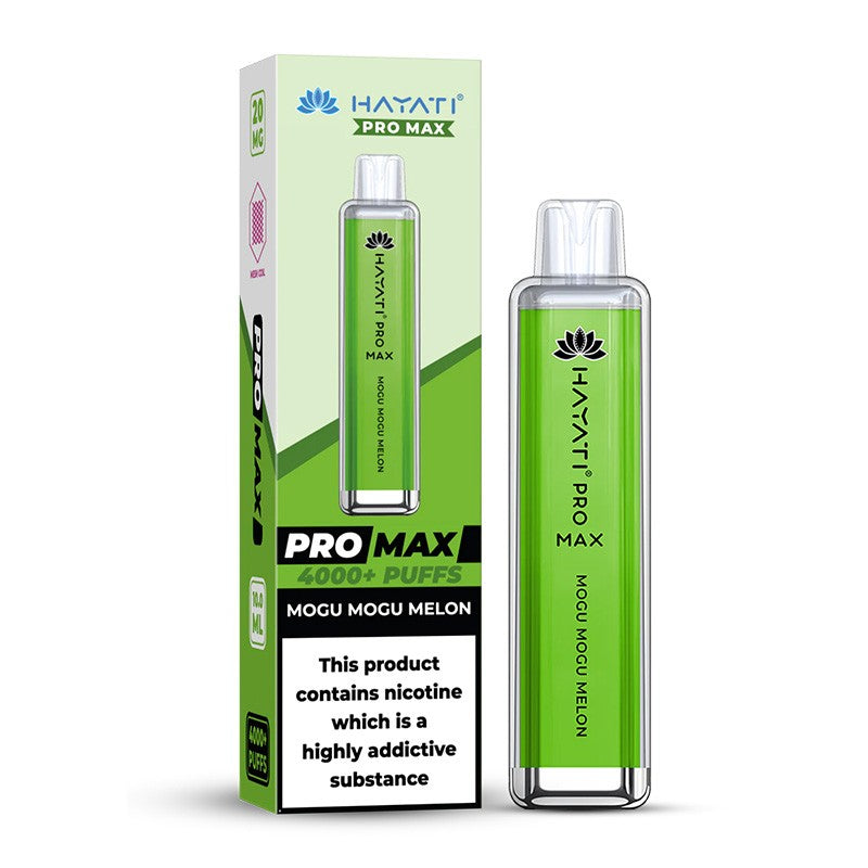 Hayati Pro Max vape device in mogul mogul lemon flavour and packaging on a white background