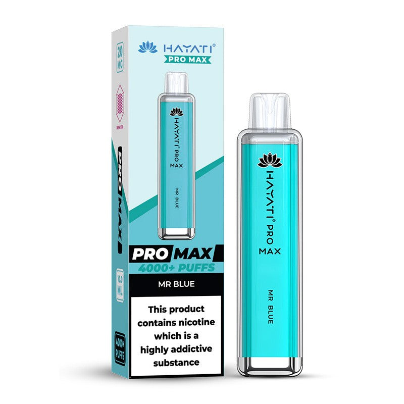 Hayati Pro Max 4000 vape device in mr blue flavour and packaging on a white background