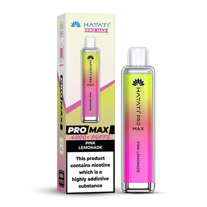 Hayati Pro Max 4000 vape device pink lemonade and packaging on a white background