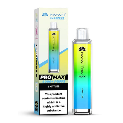 Hayati Pro Max Skittles flavour vape device and packaging on a white background